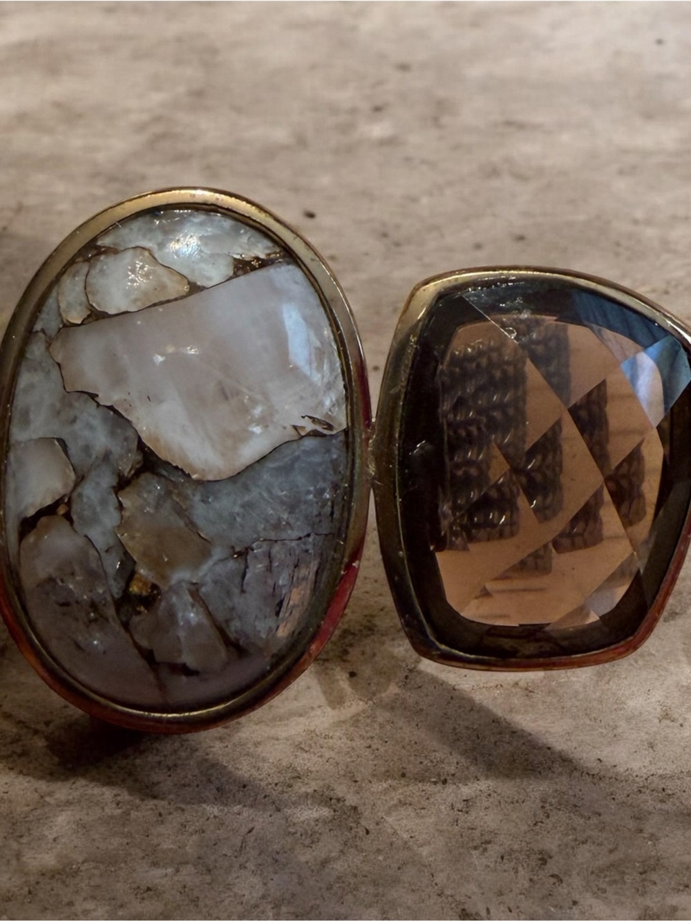 Studio Barse Gold-Tone Ring with Smoky Brown Gem and Mottled White Stone